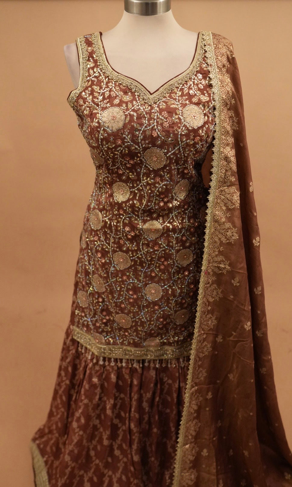 Brown Color Party Wear Sharara Suit With Dupatta