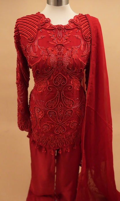 Beads Work Embroiderey Red Color Palazzo Pant Suit