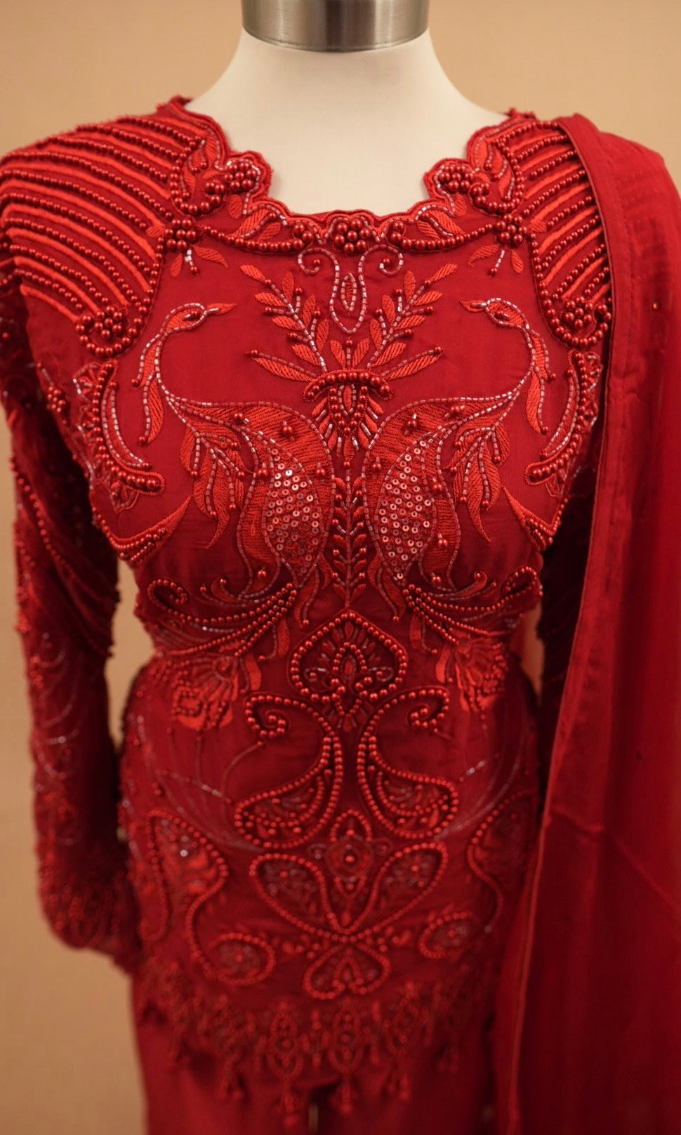 Beads Work Embroiderey Red Color Palazzo Pant Suit