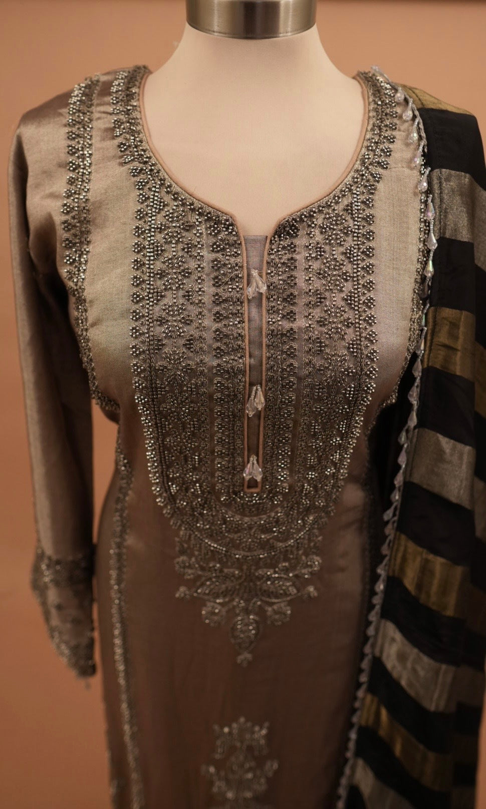 Long Kameez Beads Work Embroidery Party Wear Suit With Palazzo Pants