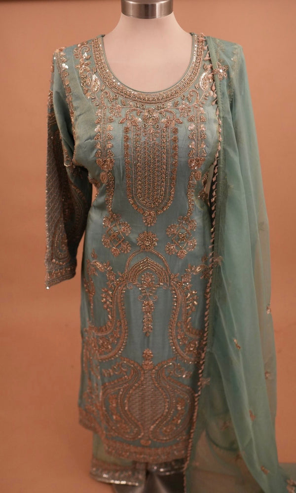 Beads Work Blue Color Embroiderey Long Kameez Shimmer Fabric Suit