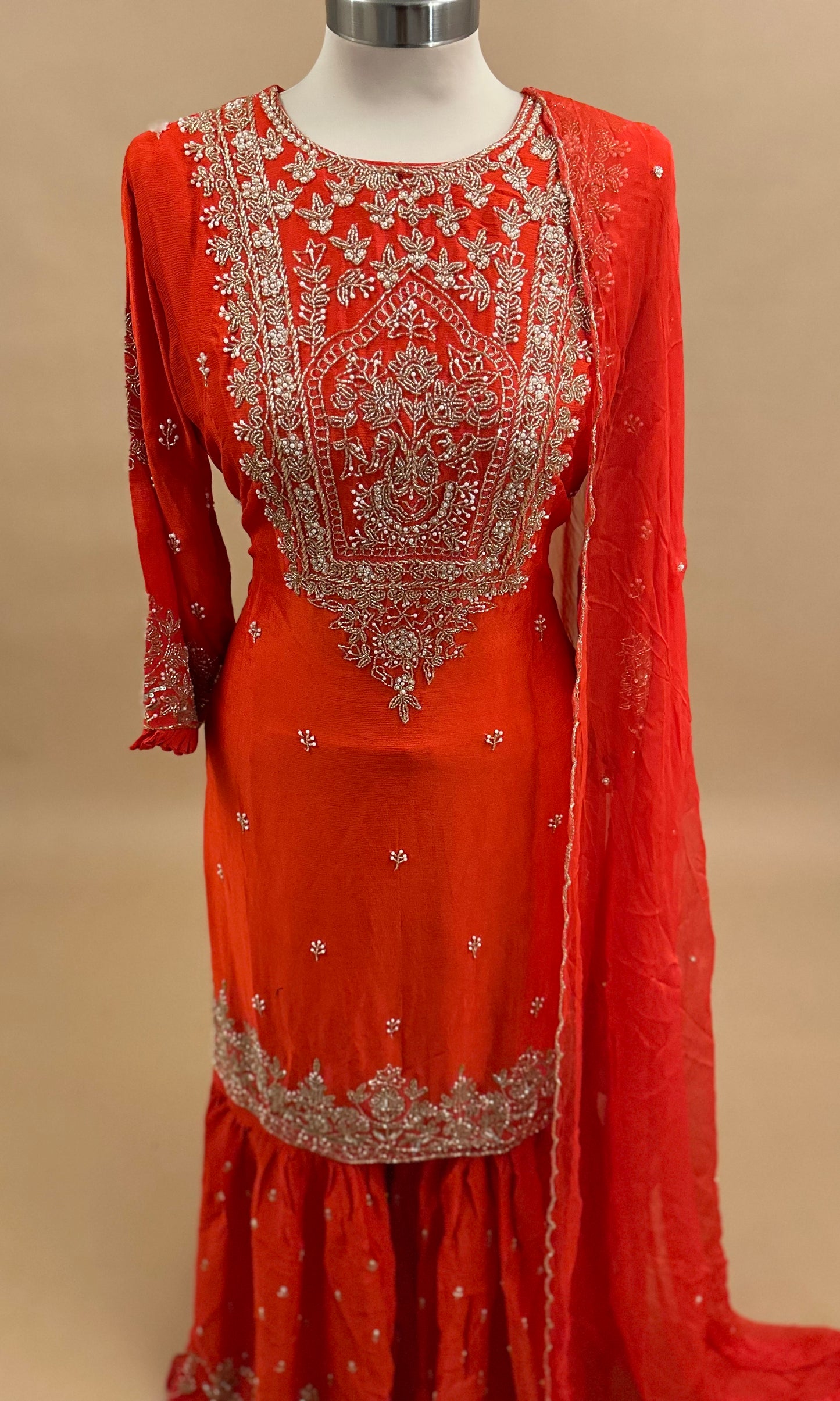Elegant Design Beads Work Embroiderey Party Wear Sharara Suit Orange Color With Dupatta