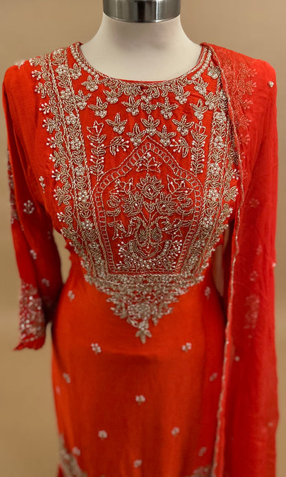 Elegant Design Beads Work Embroiderey Party Wear Sharara Suit Orange Color With Dupatta