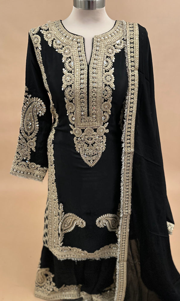 A Line Party Wear Palazzo Pant Suit Black Color With Dupatta