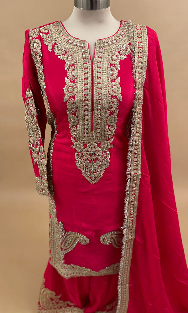 A Line Party Wear Pinkish Red Color Palazzo Pant Suit With Dupatta