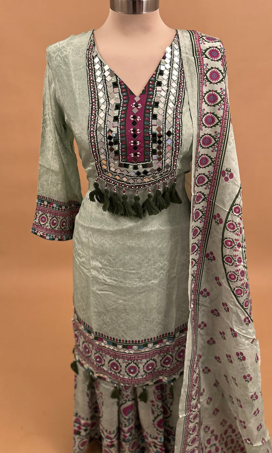 Multi Color Party Wear Palazzo Suit On Shimmer Silk Fabric