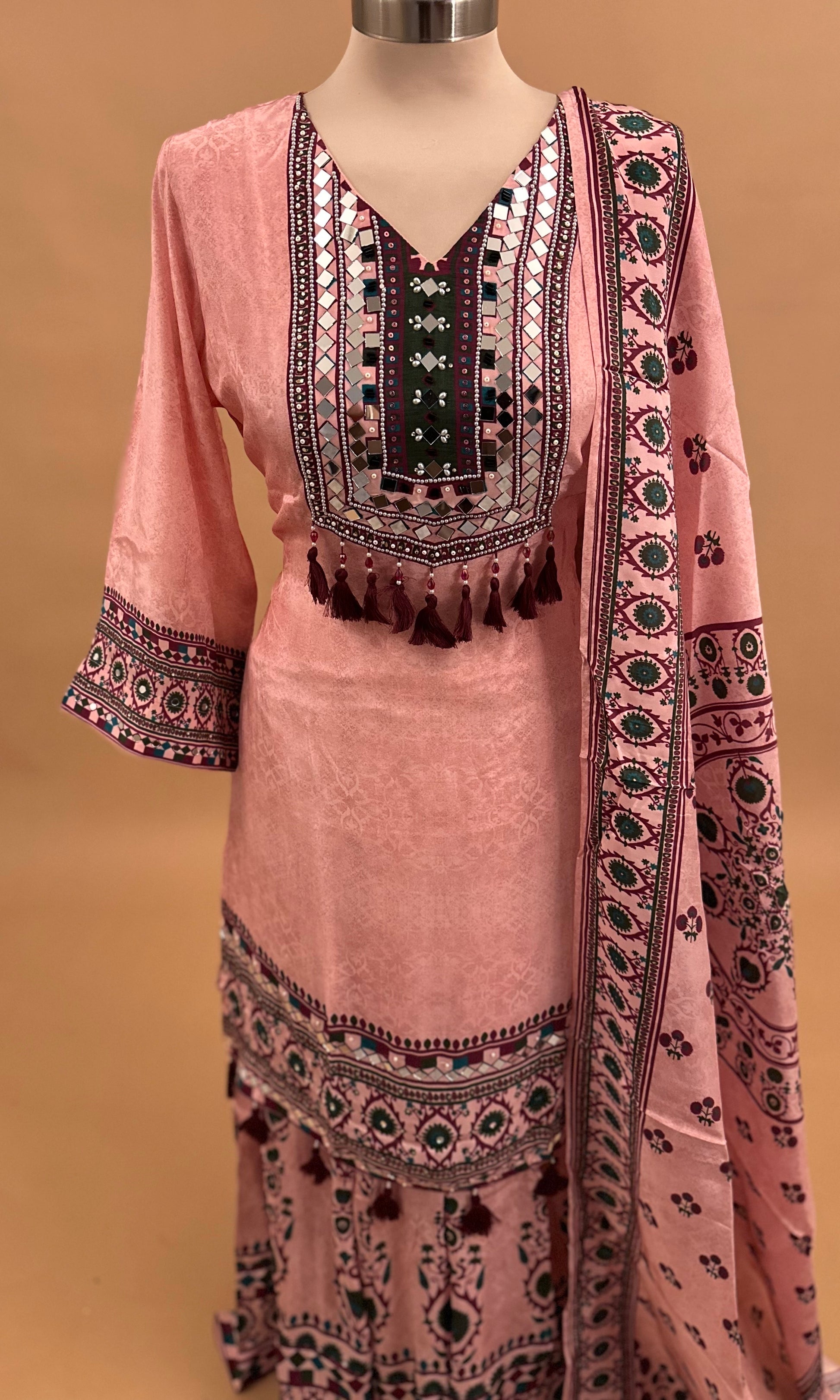 Multi Color Party Wear Palazzo Suit On Shimmer Silk Fabric