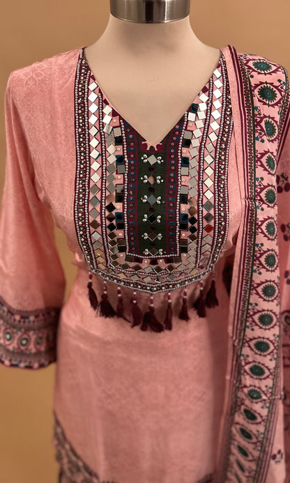 Multi Color Party Wear Palazzo Suit On Shimmer Silk Fabric