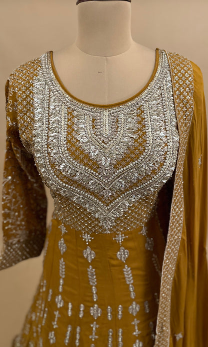 Gold Color Party Wear Palazzo Suit On Shimmer Silk Fabric
