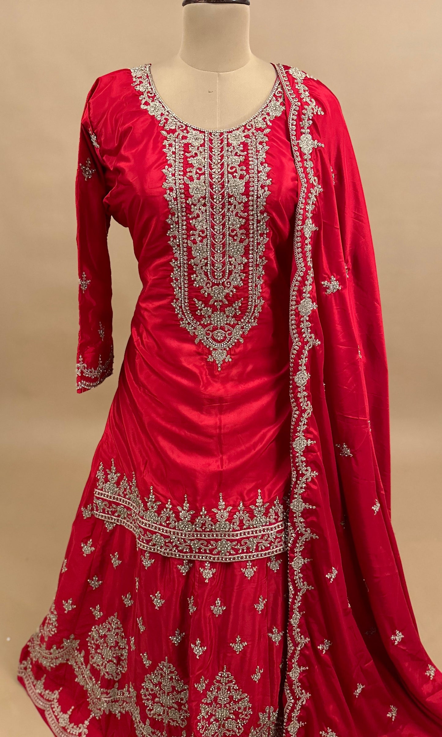 Red Color Party Wear Palazzo Suit On Shimmer Silk Fabric