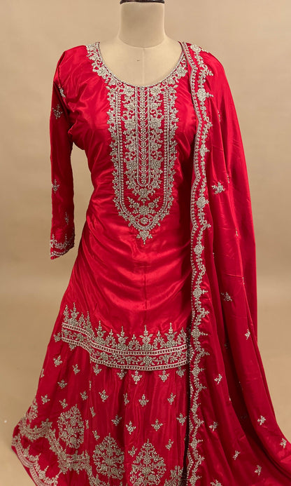 Red Color Party Wear Palazzo Suit On Shimmer Silk Fabric