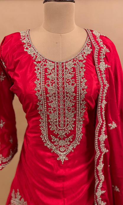 Pink Color Party Wear Palazzo Suit On Shimmer Silk Fabric
