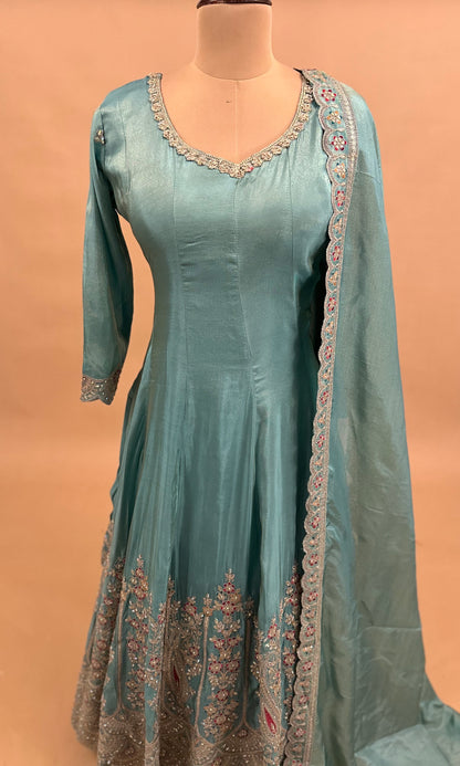Multi Color Party Wear Palazzo Suit On Shimmer Silk Fabric