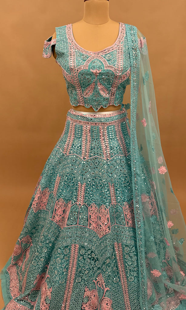 Pink and Blue heavy embroidered Lehenga Set - Rent