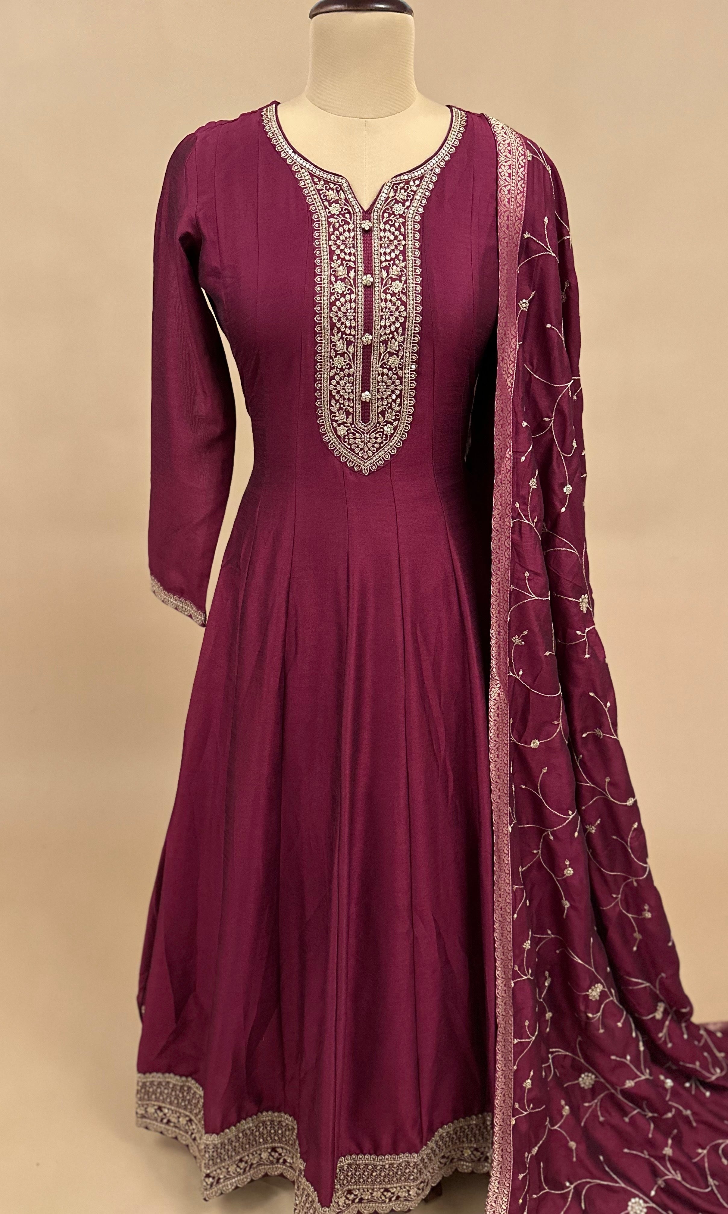 Golden Maroon Color Long Dress Sequin Work With Dupatta XXL-44 Golden Maroon Color Long Dress Sequin Work With Dupatta XXL-44