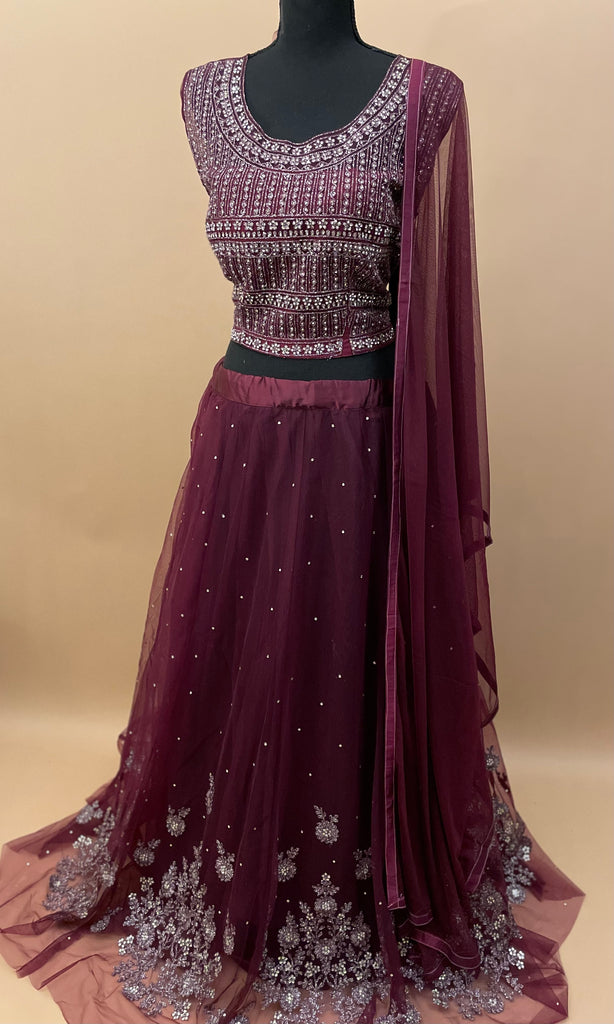 Buy Maroon Embroidered Velvet Lehenga Choli With Double Dupatta Online At  Zeel Clothing