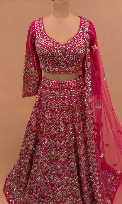Heavy Mirror Work Embroiderey Pinkish Red Color Lehenga Choli Set With Dupatta