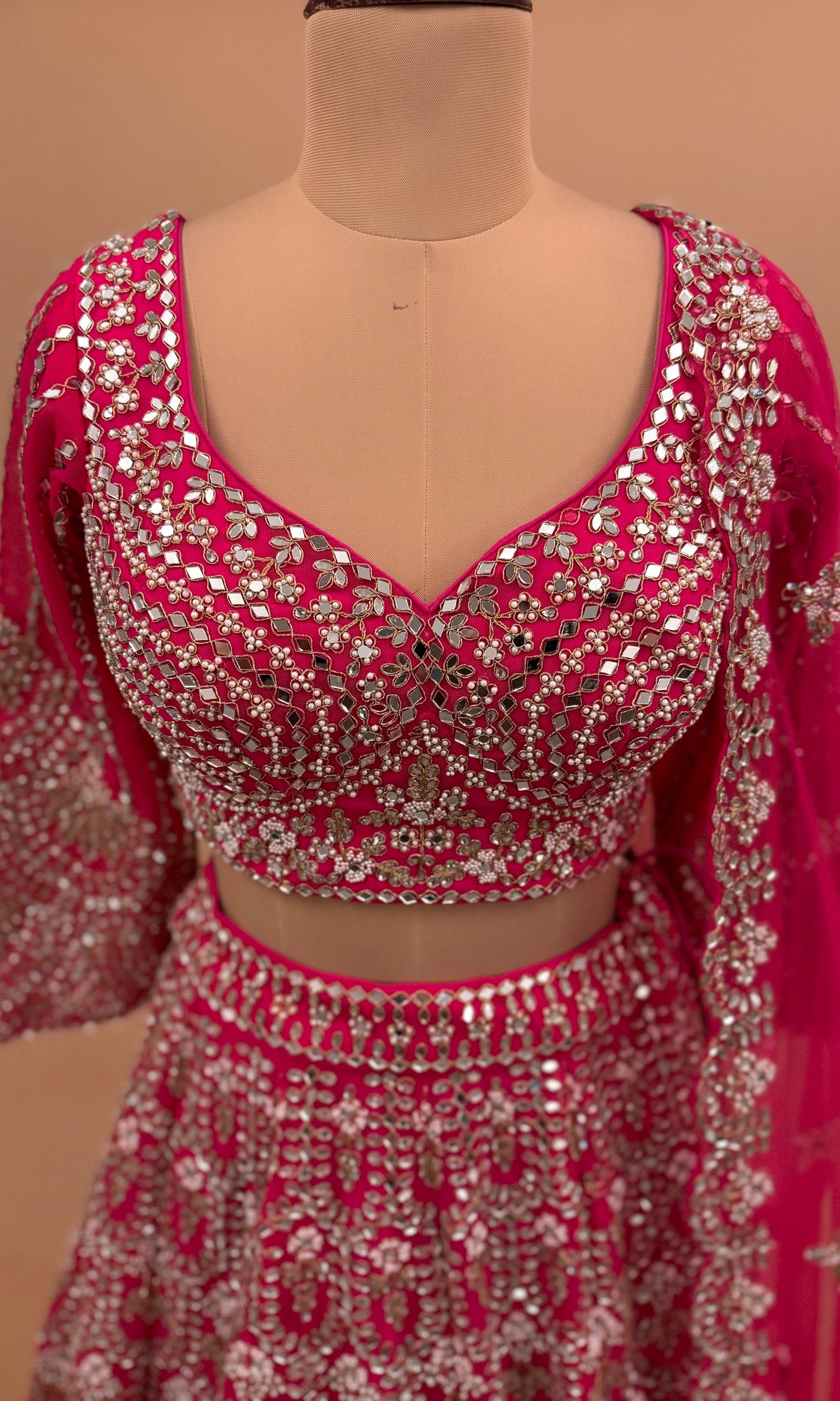Heavy Mirror Work Embroiderey Pinkish Red Color Lehenga Choli Set With Dupatta