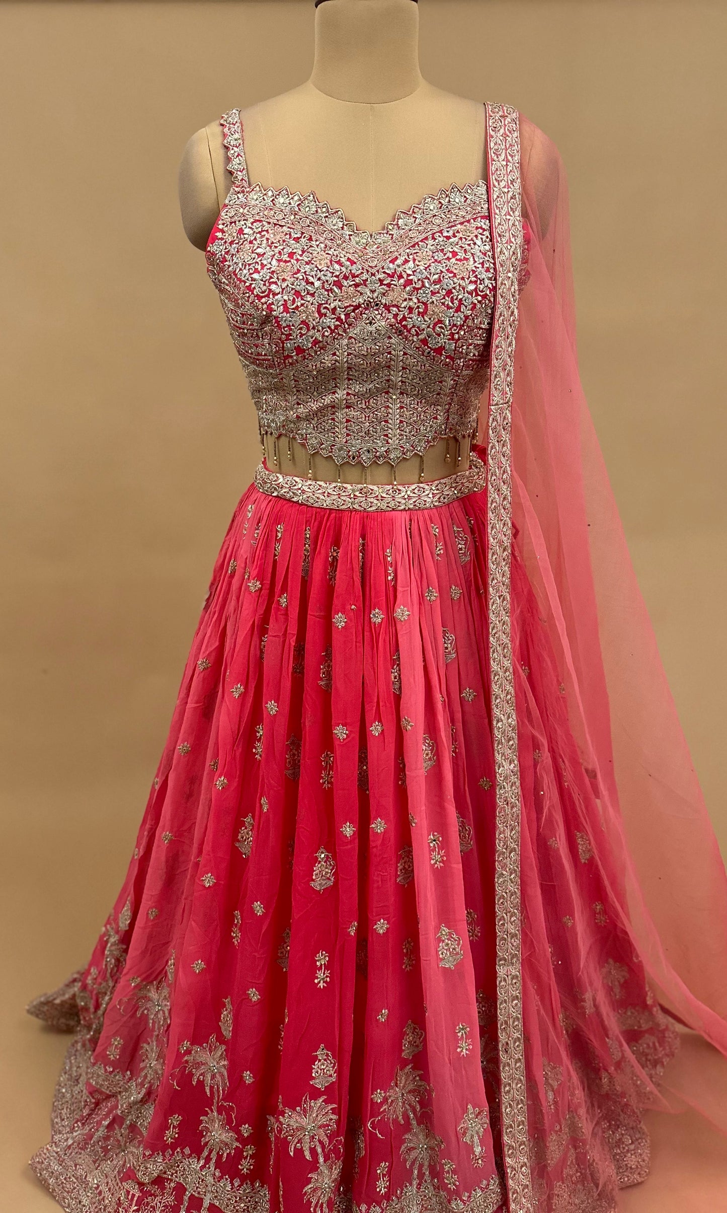 Sleeve Less Designer Top Pink Color Lehenga Choli Set With Full Dupatta