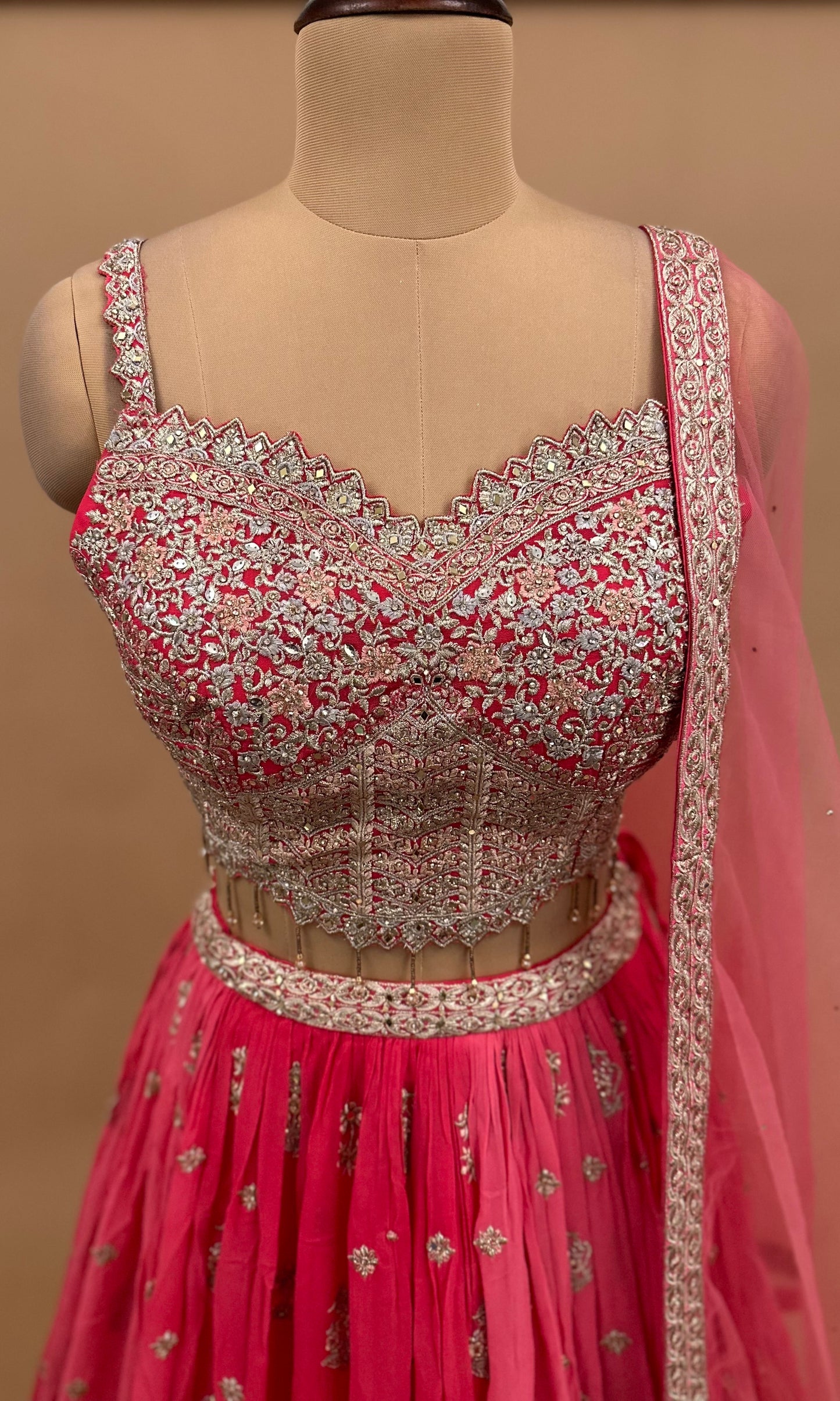 Sleeve Less Designer Top Pink Color Lehenga Choli Set With Full Dupatta