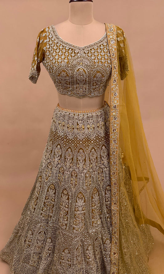 Big Flare Bottom Mustard Yellow Color Heavy Party Wear Lehenga Choli Set With Dupatta