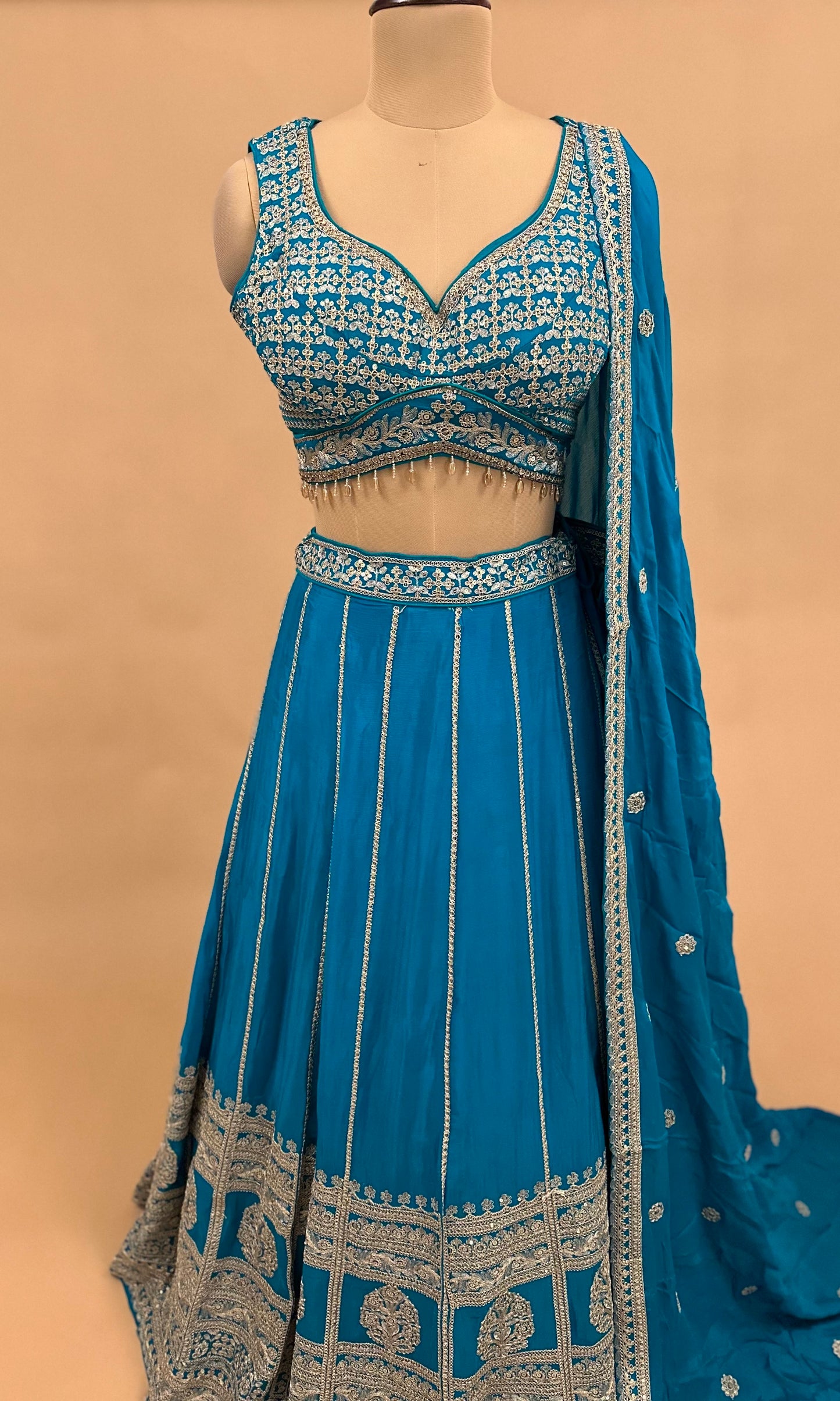 Sequin Work Turquoise Blue Color Lehenga Set With Designer Back