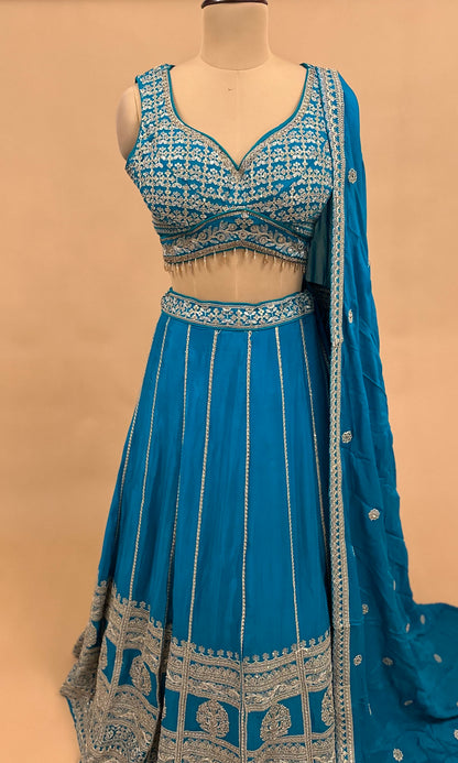 Sequin Work Turquoise Blue Color Lehenga Set With Designer Back