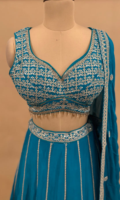 Sequin Work Turquoise Blue Color Lehenga Set With Designer Back