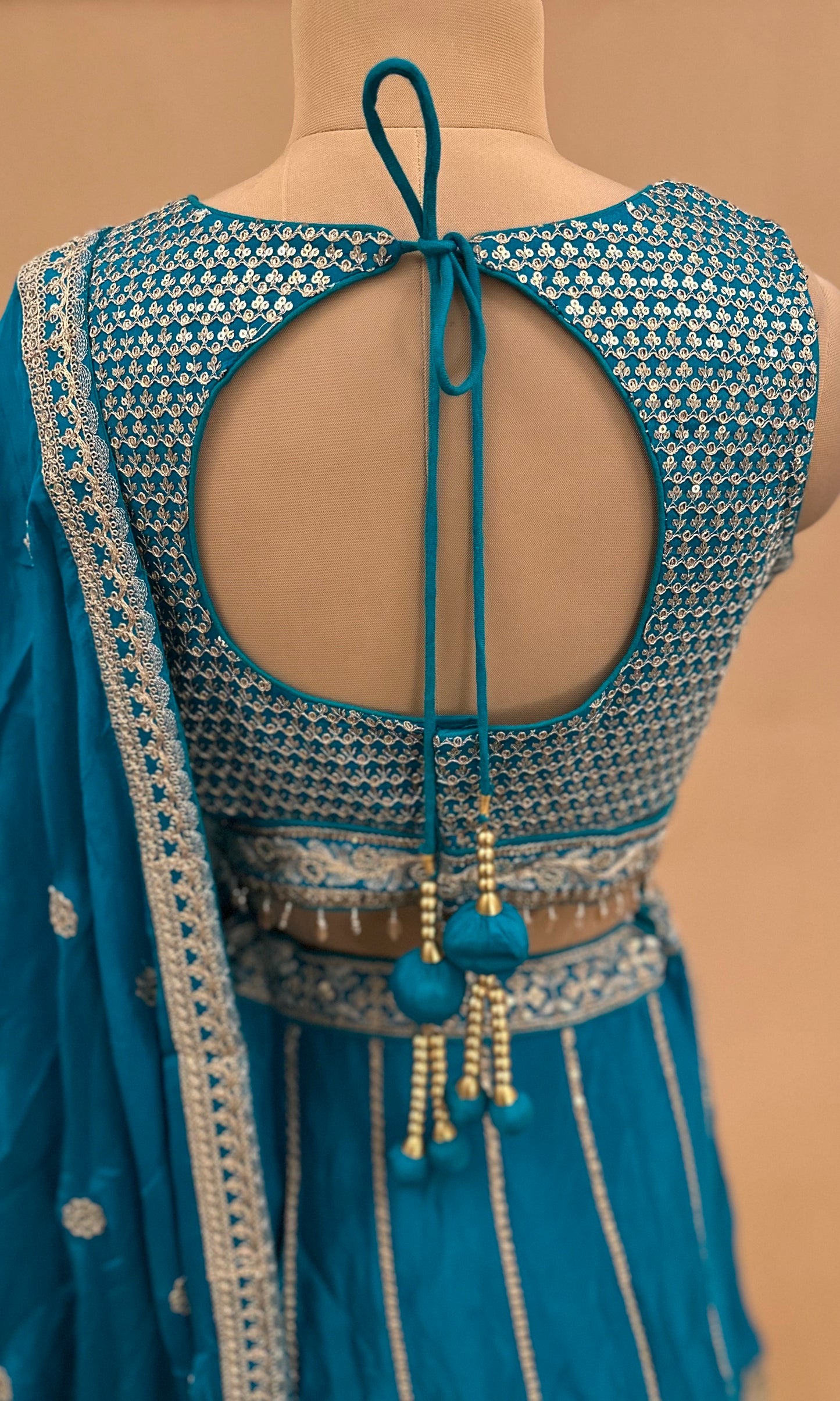 Sequin Work Turquoise Blue Color Lehenga Set With Designer Back