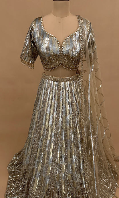 Designer Lehenga Choli Set In Golden Color With Heavy Diamond Work Embroiderey