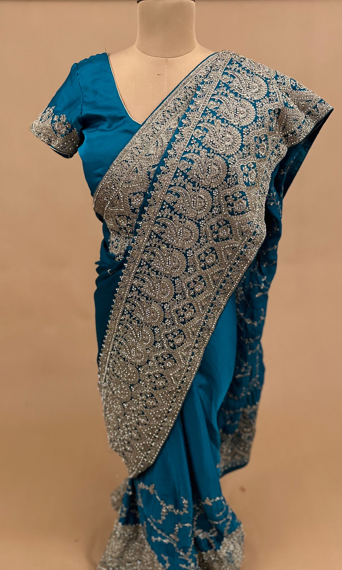 Heavy Ready To Wear Saree In Teal Blue Color On Silk Fabric