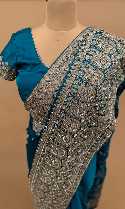 Heavy Ready To Wear Saree In Teal Blue Color On Silk Fabric