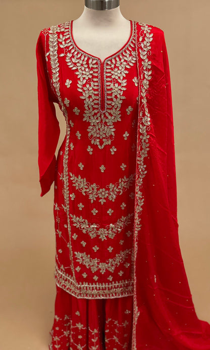 Bright Red Color Heavy Cut Dana Work Party Wear Sharara Suit With Dupatta