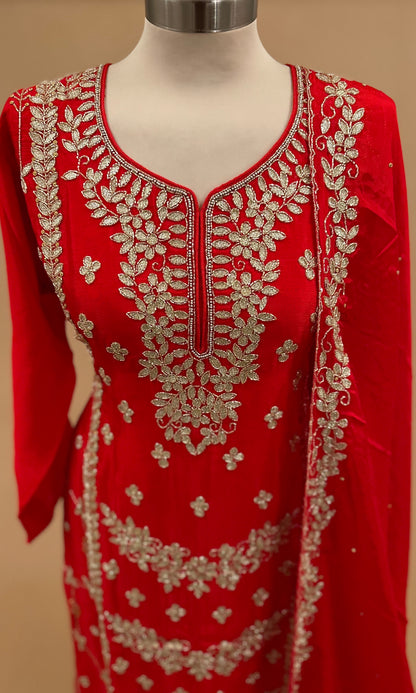 Bright Red Color Heavy Cut Dana Work Party Wear Sharara Suit With Dupatta
