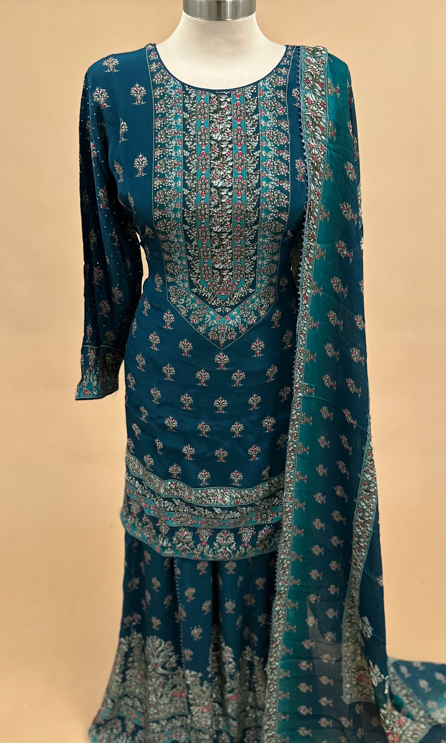 Swarovski Work Embroiderey On Dasheen Fabric Blue Color Palazzo Suit With Dupatta