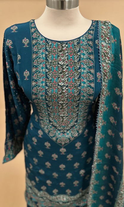 Swarovski Work Embroiderey On Dasheen Fabric Blue Color Palazzo Suit With Dupatta
