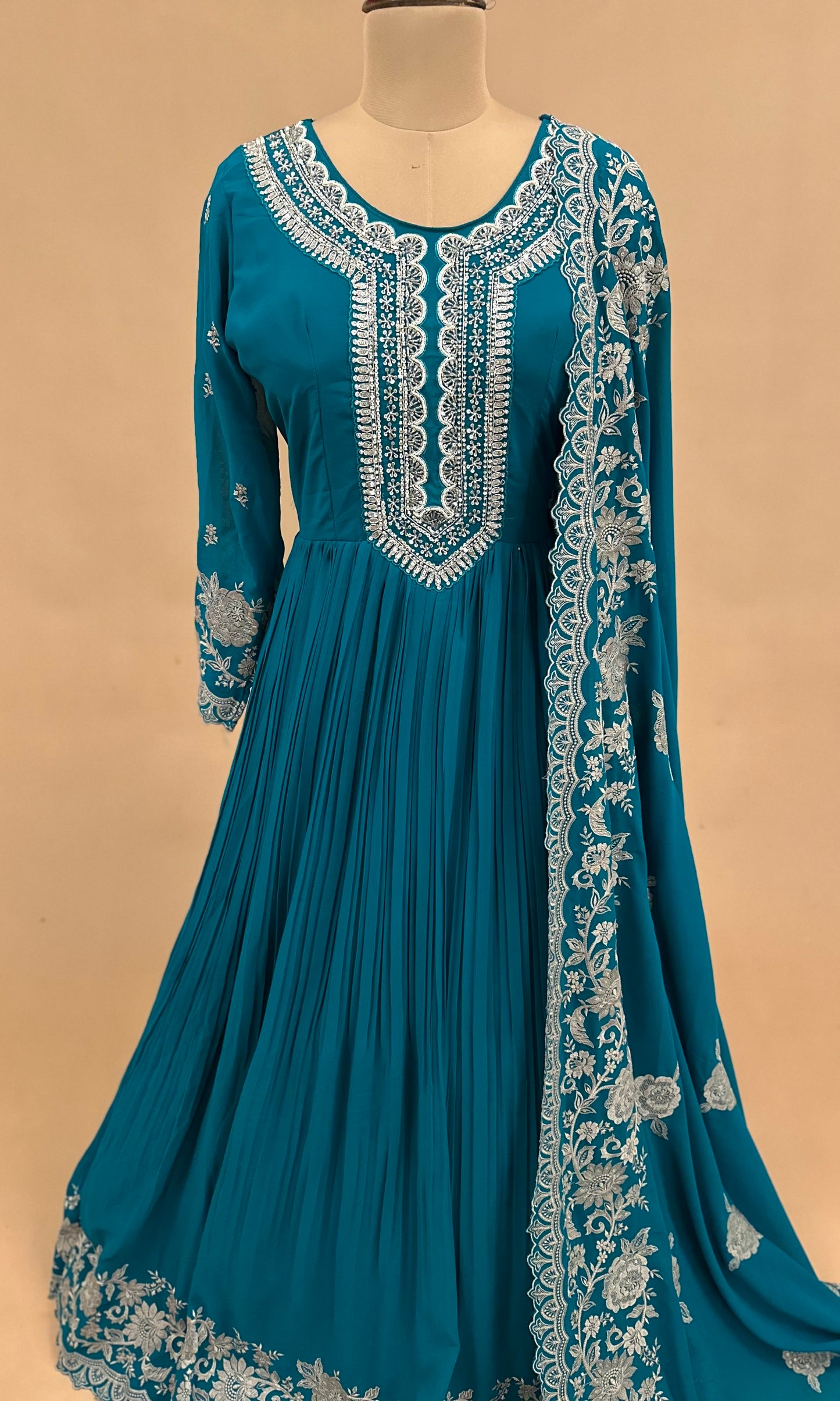 Light Weight Teal Color Stone Work Embroiderey Long Dress With Dupatta