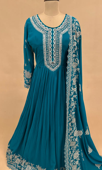 Light Weight Teal Color Stone Work Embroiderey Long Dress With Dupatta