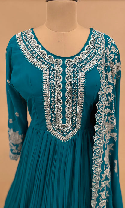 Light Weight Teal Color Stone Work Embroiderey Long Dress With Dupatta