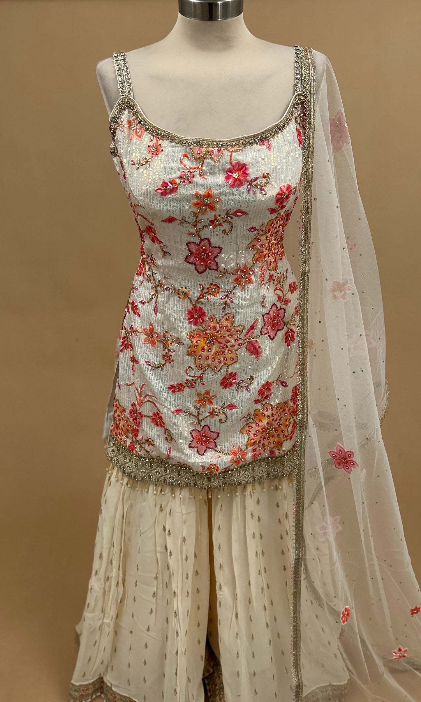 Stone & Pearl WorkHeavy Designer Party Wear Sharara Suit Off White Multicolor With Dupatta