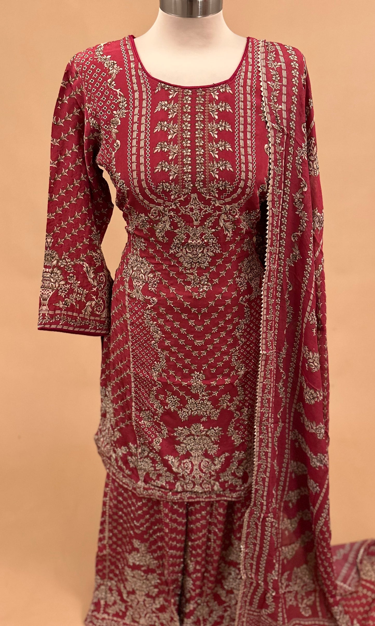 Swarovski Work Embroiderey Palazzo Suit Maroon Color With Dupatta
