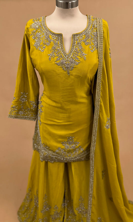 Yellow Color Pearl And Stone Work Embroiderey Party Wear Palazzo Suit With Dupatta
