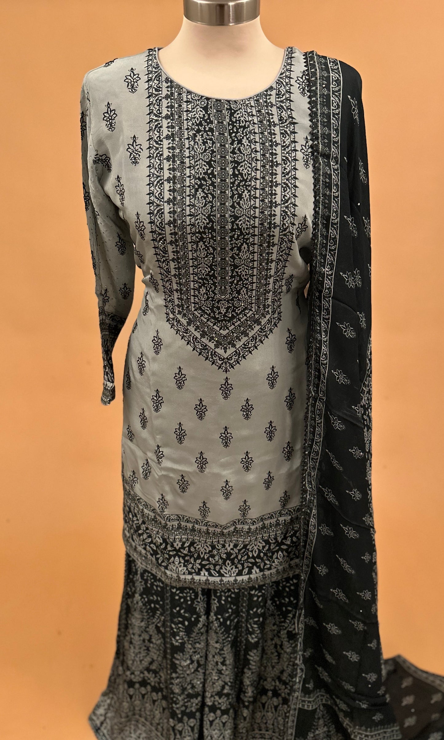 Swarovski Work Embroiderey Palazzo Suit Contrast Color With Dupatta