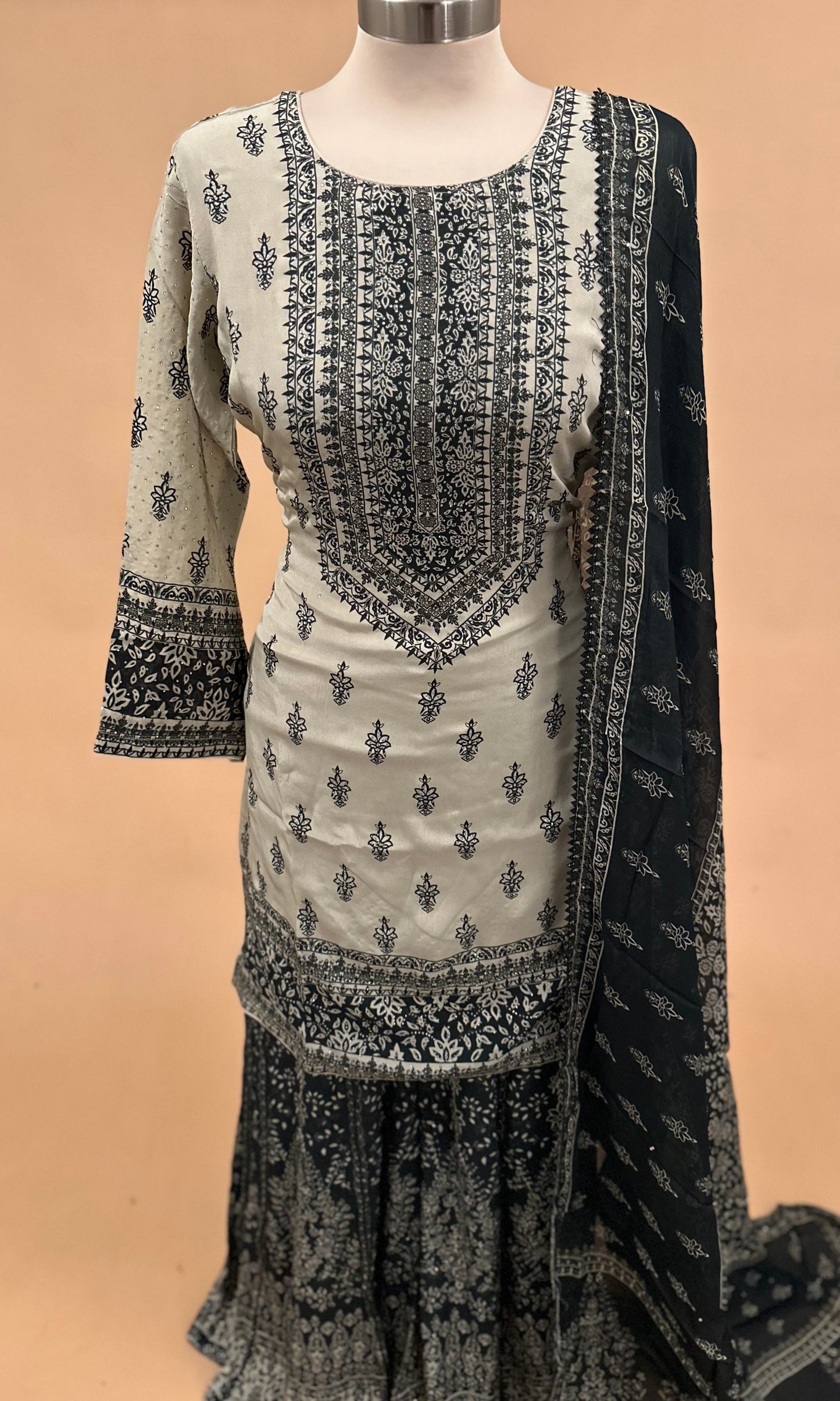 Contrast Color Swarovski Work Embroiderey Palazzo Suit With Dupatta