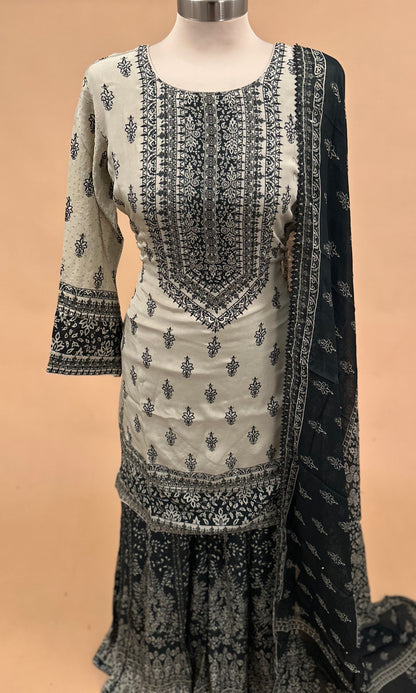 Contrast Color Swarovski Work Embroiderey Palazzo Suit With Dupatta