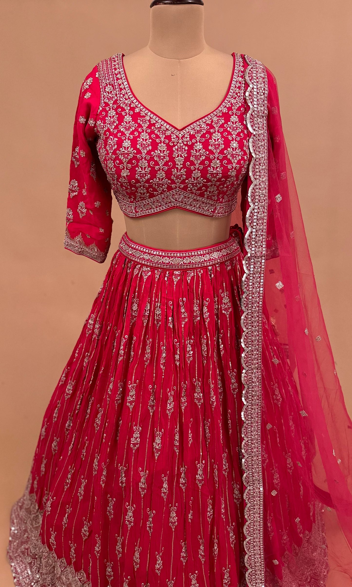 Big Flare Bottom Sequin Work Embroiderey Pinkish Red Color Lehenga Choli Set With Dupatta