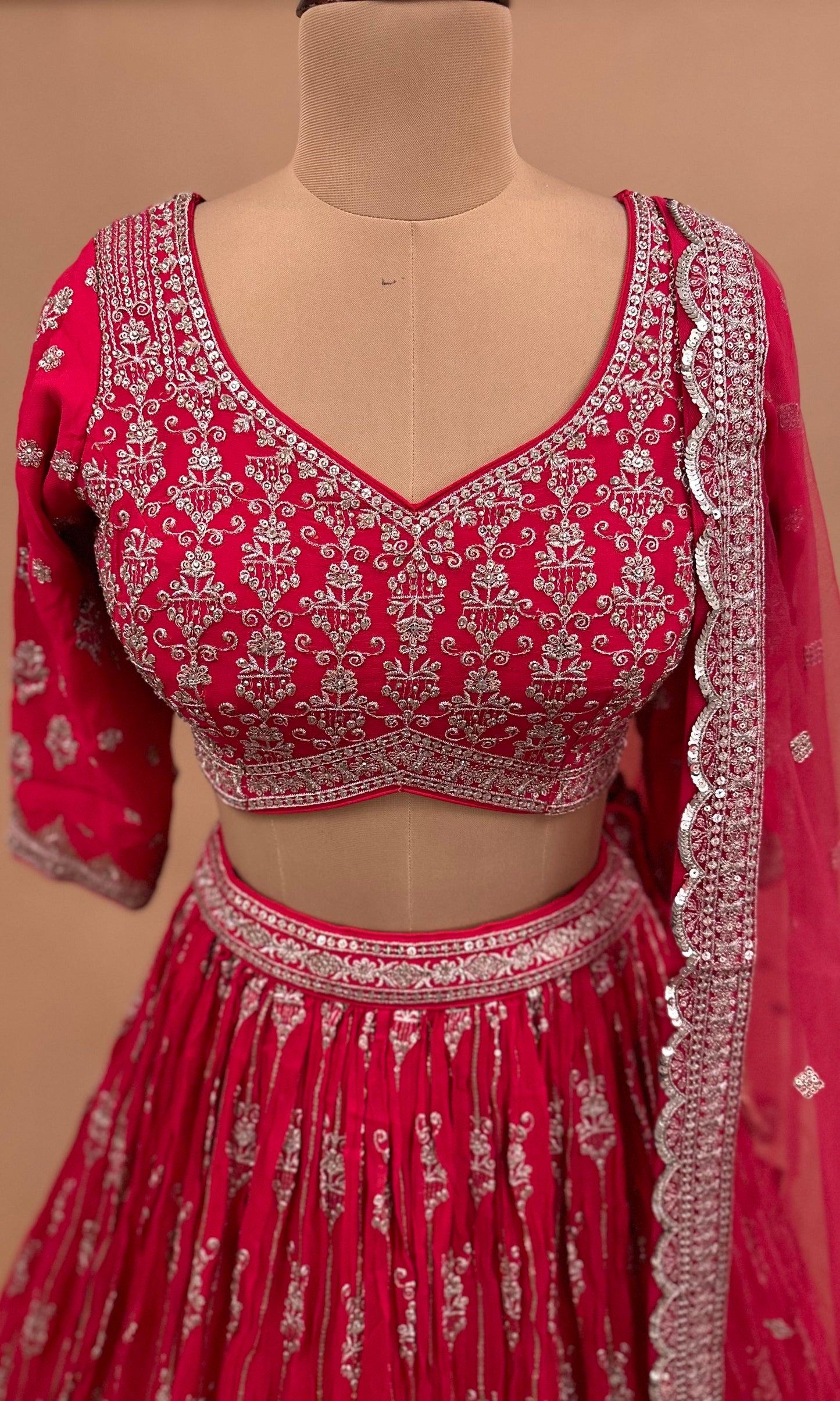 Big Flare Bottom Sequin Work Embroiderey Pinkish Red Color Lehenga Choli Set With Dupatta