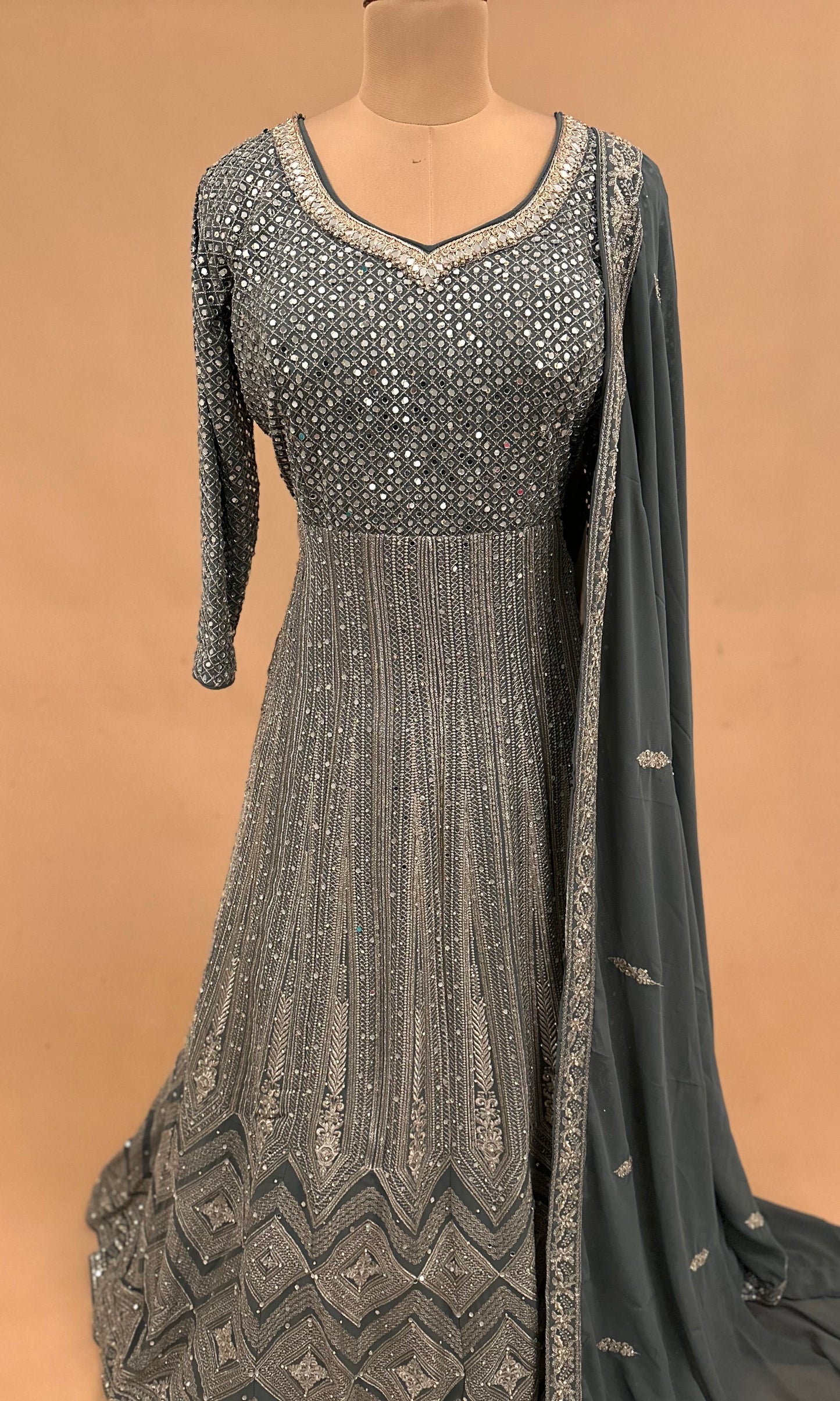 Full Sleeves Teal Color Heavy Long Dress On Georgette Fabric With Dupatta