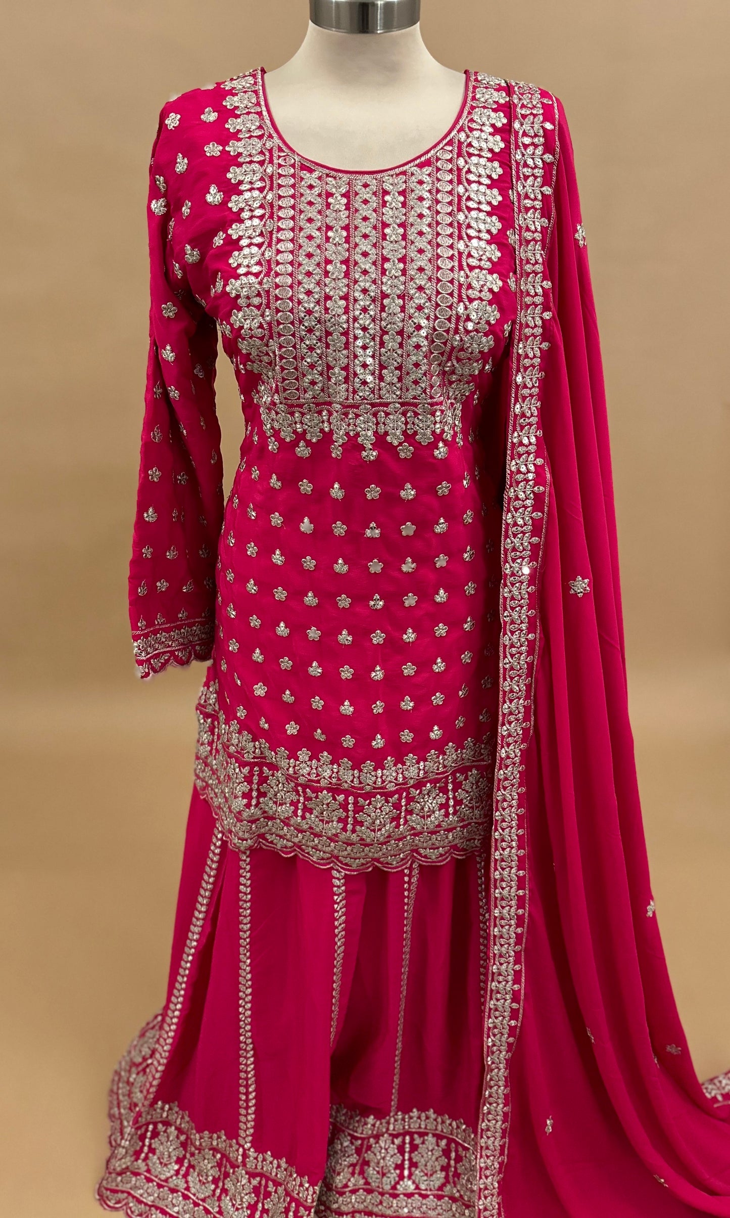 Sequin Work Embroiderey Magenta Color Palazzo Suit On Chinon Fabric With Dupatta
