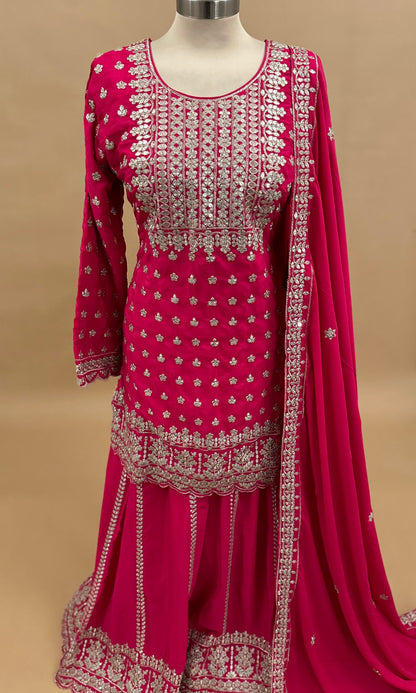 Sequin Work Embroiderey Magenta Color Palazzo Suit On Chinon Fabric With Dupatta